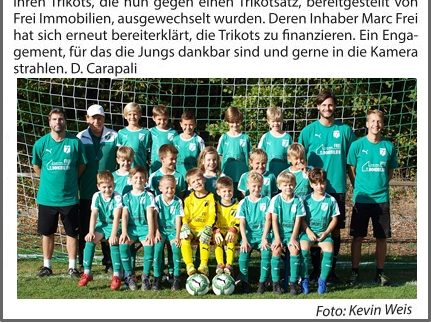 27.09.2019 Oftersheim Mitteilungsblatt: “Den Bambini entwachsen: F-Jugend nimmt neuen Frei Immobilien-Trikotsatz entgegen”