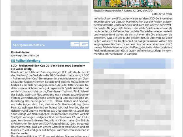 19.07.2019 Oftersheim Mitteilungsblatt: “SGO – Frei Immobilien – Cup 2019 mit über 1000 Besuchern ein voller Erfolg”