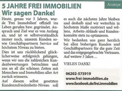 14.06.2017 Schwetzinger Woche: “5 Jahre Frei Immobilien”